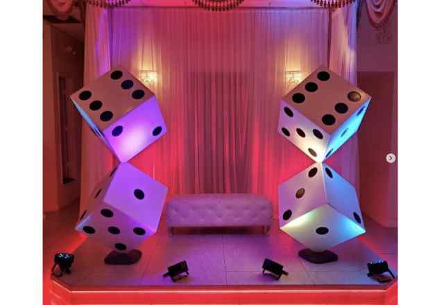 White Giant Dice Stand Rental, Okanagan White GIANT DICE RENTAL in Kelowna, BC theme night Decorations rental. White Dice Stand can come in a variety of styles themed parties & events. Giant Dice themed party a success Kelowna BC...